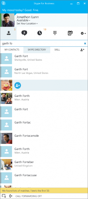 Capture d'écran Skype Business, fenêtre de chat